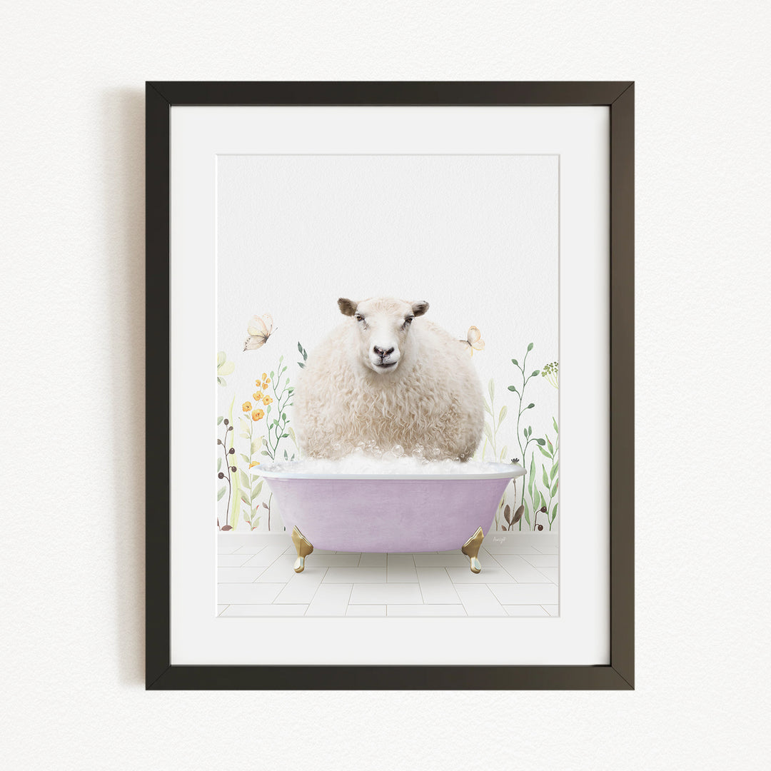 A fluffy white sheep is sitting in a purple bathtub filled with bubbles, surrounded by flowers and butterflies.