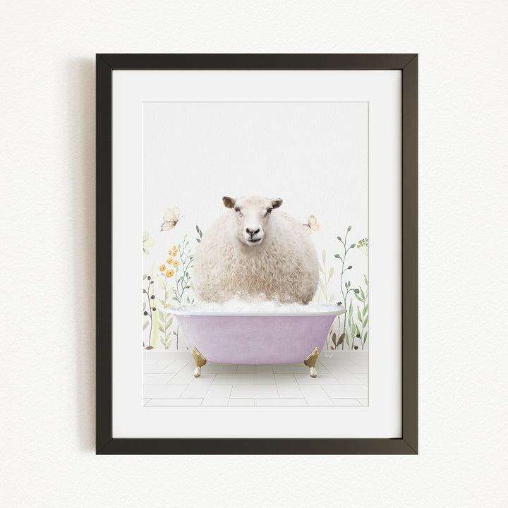 A fluffy white sheep is sitting in a purple bathtub filled with bubbles, surrounded by flowers and butterflies.