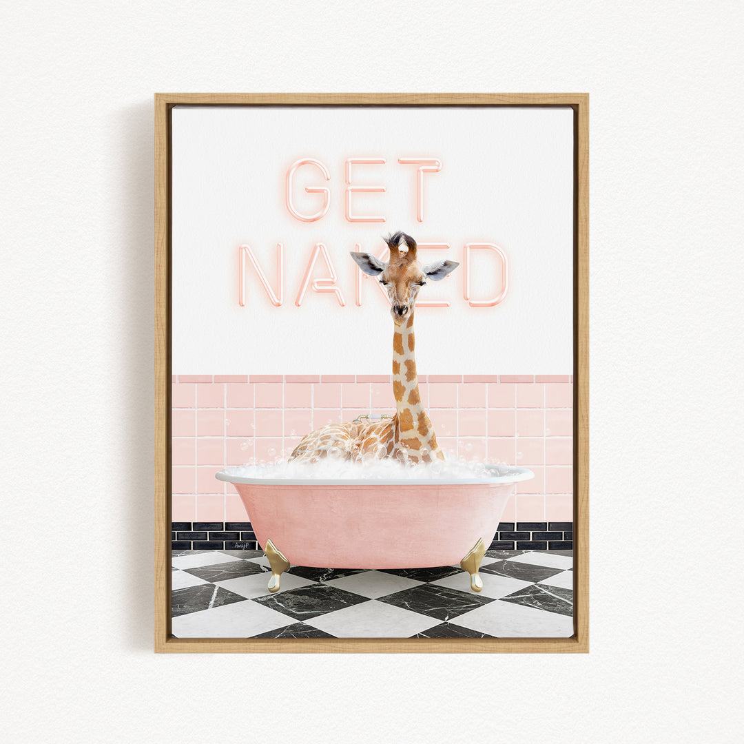 A giraffe sitting in a pink bathtub with the text "GET NANED" displayed above it.