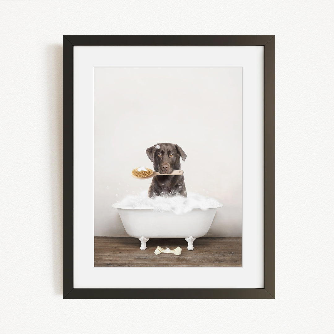 A brown dog sitting in a white bathtub, holding a toy in its mouth, with a white dog toy on the floor next to the tub.