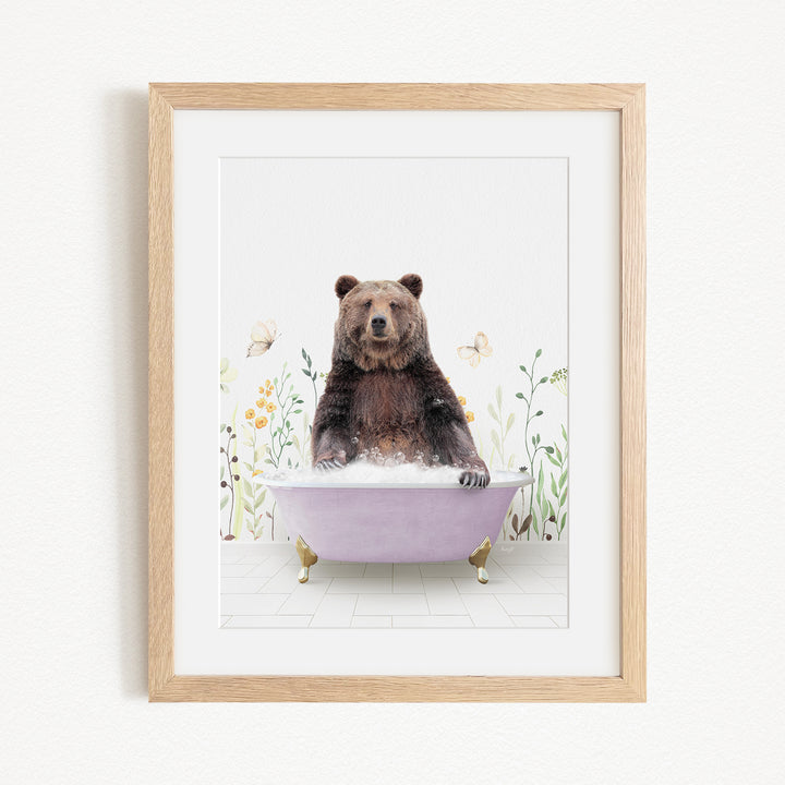 A brown bear sitting in a purple bathtub, surrounded by flowers and butterflies.