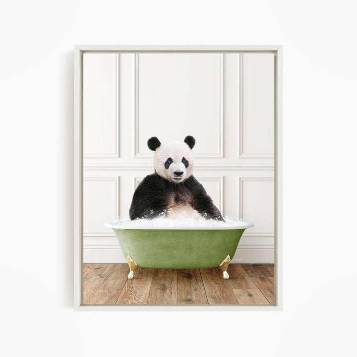 A panda bear sitting in a green bathtub filled with bubbles, appearing to enjoy the bath.