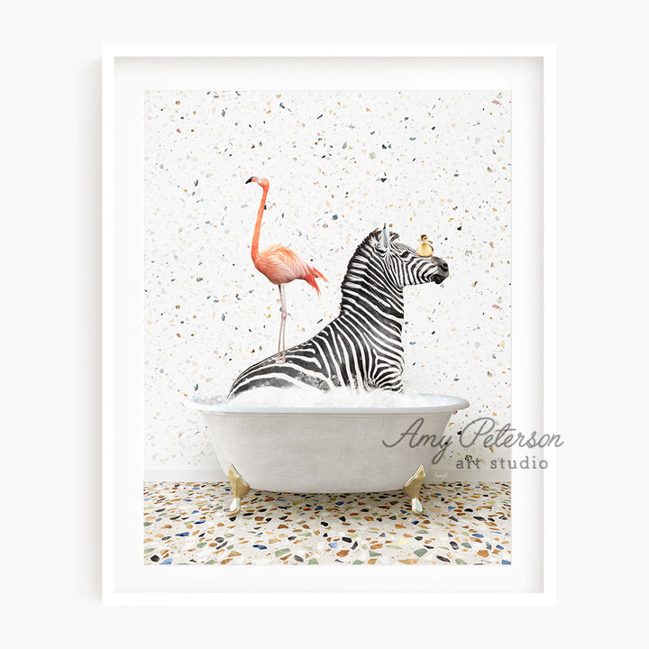 a picture of a zebra and a flamingo in a bathtub