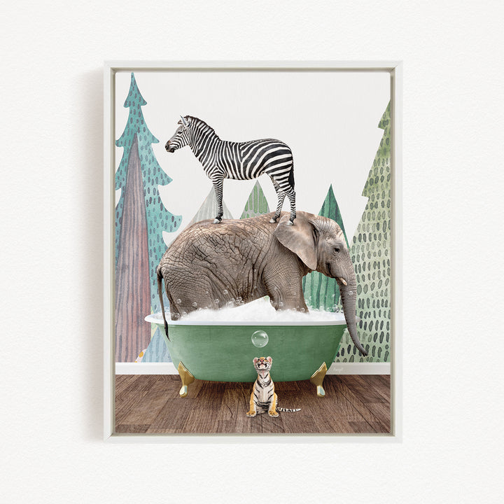A zebra stands atop an elephant in a green bathtub, with a tiger sitting nearby, in a whimsical and imaginative scene.