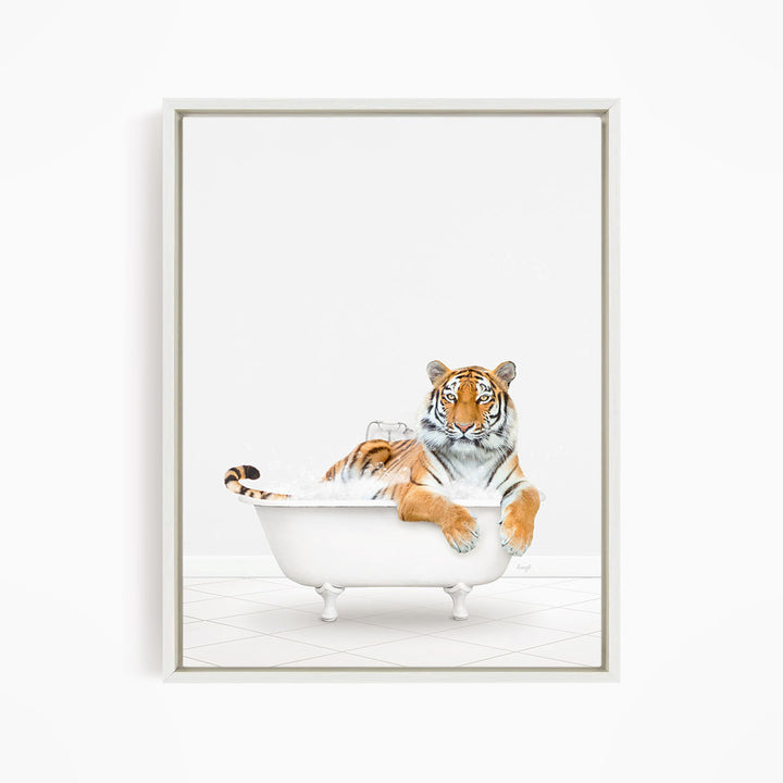 A tiger is sitting in a white bathtub, appearing relaxed and enjoying the bath.