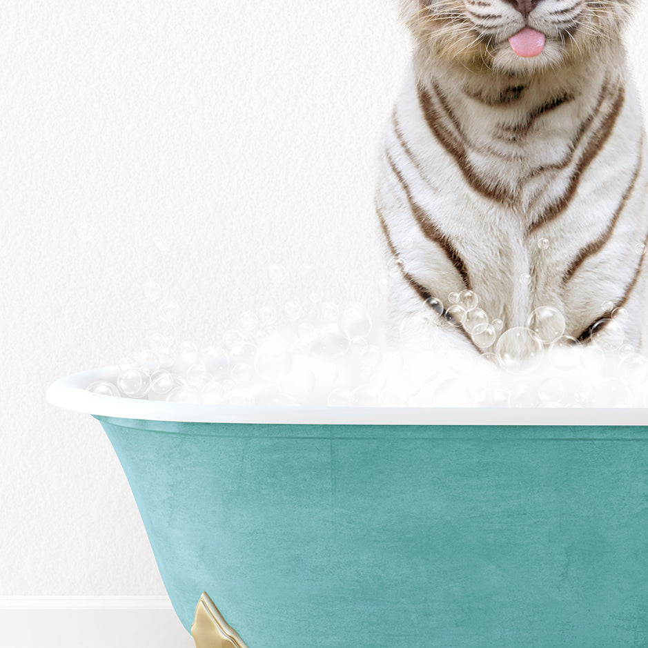 a white tiger sitting in a bathtub with bubbles