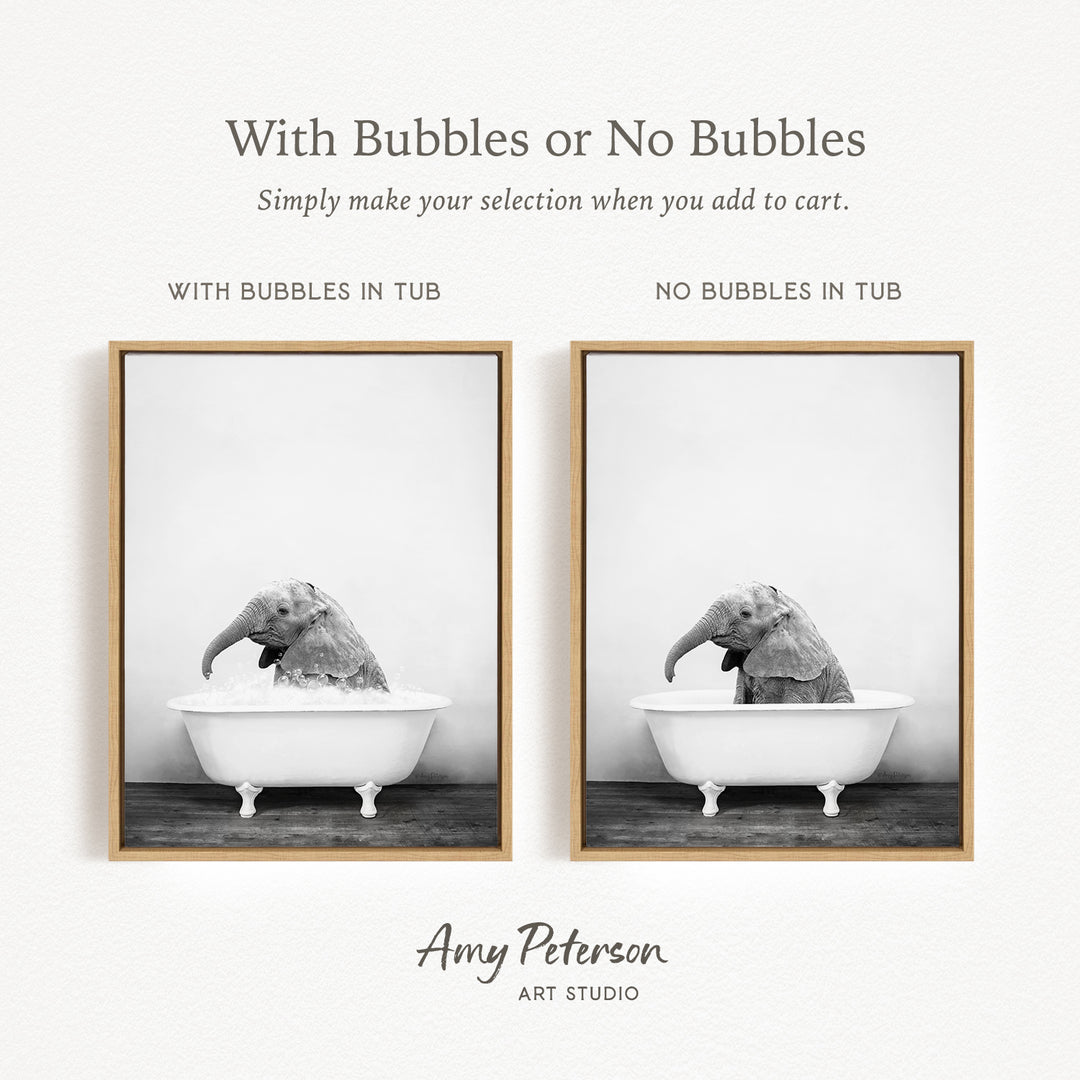 The image is a black and white photograph of an elephant sitting in a bathtub, with the text "With Bubbles or No Bubbles" above the images.