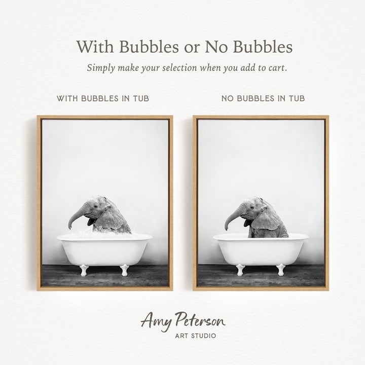 The image is a black and white photograph of an elephant sitting in a bathtub, with the text "With Bubbles or No Bubbles" above the images.