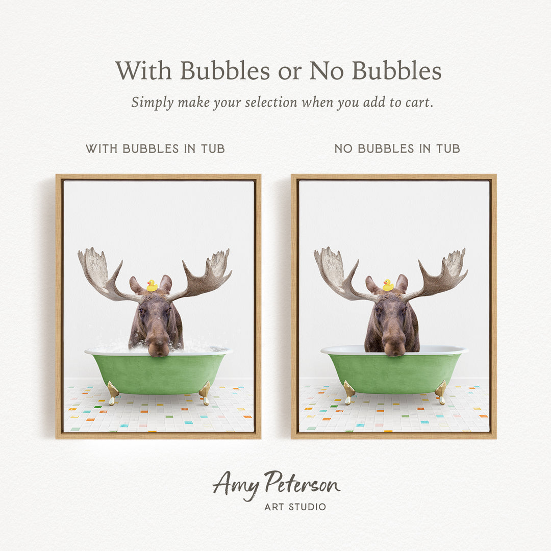 The image is a collage of two framed pictures, each featuring a moose in a bathtub. The moose in the green tub has antlers and a yellow rubber duck on its head, while the moose in the tub without antlers has no decorations. The collage is titled "With Bubbles or No Bubbles" and is created by Amy Peterson from Art Studio.