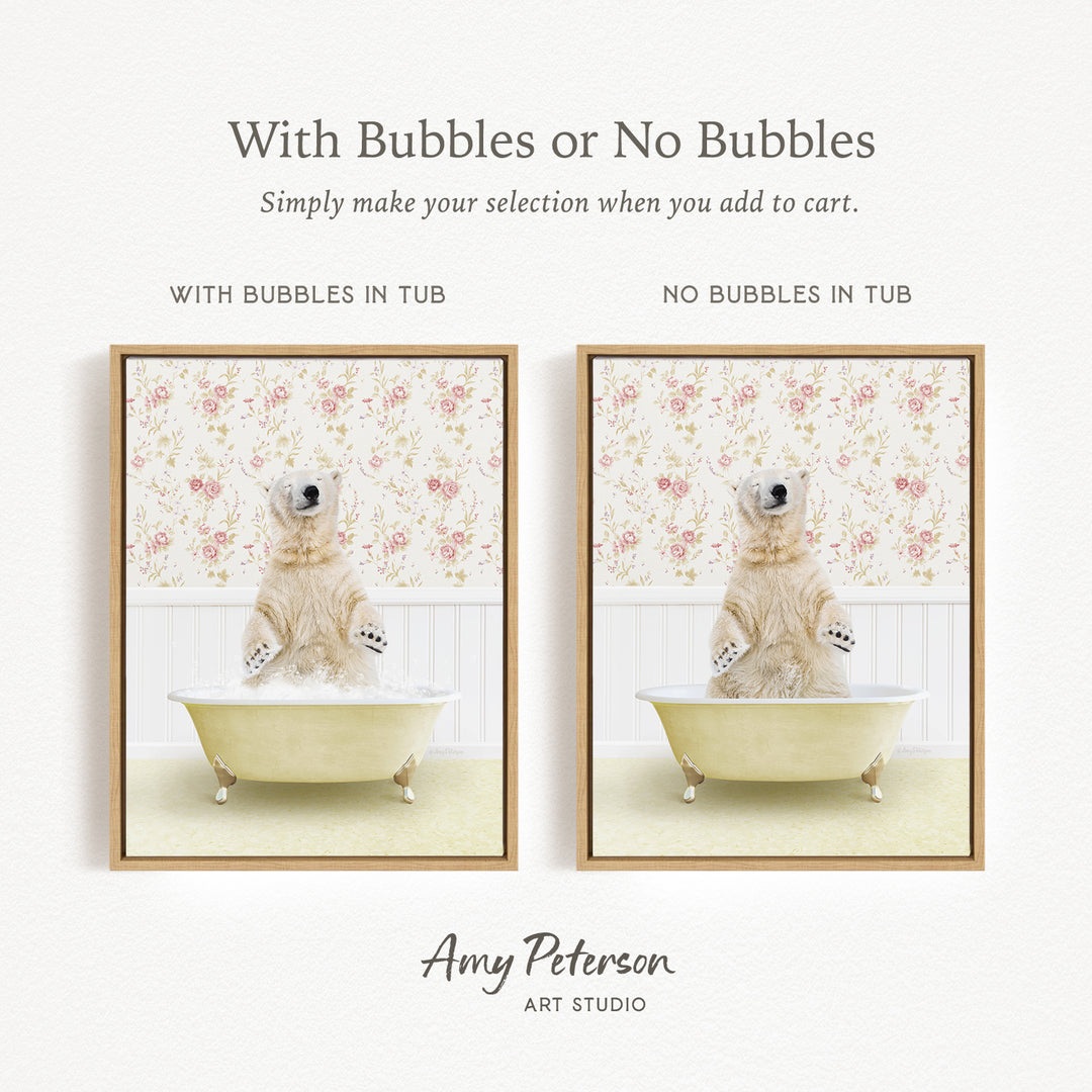 The image is a collage of two pictures featuring a polar bear sitting in a bathtub. The polar bear is sitting upright in the bathtub, with its paws resting on the edge of the tub. The polar bear is surrounded by a floral pattern on the walls, creating a whimsical and playful atmosphere.
