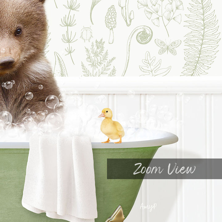 A brown bear is sitting in a green bathtub filled with bubbles, with a yellow duck standing on the edge of the tub.