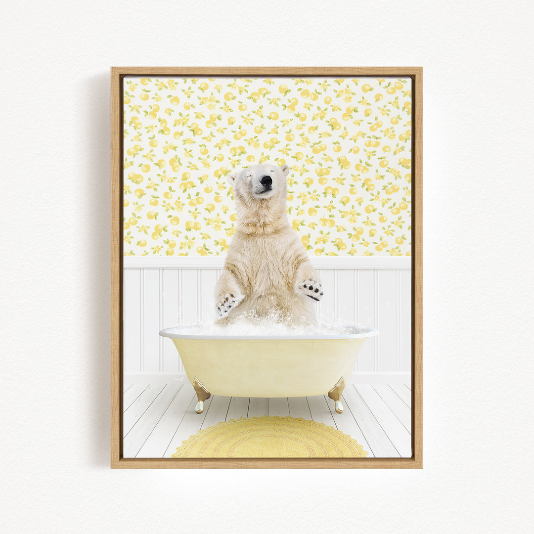 A polar bear standing in a bathtub filled with water, surrounded by a yellow floral pattern on the walls.