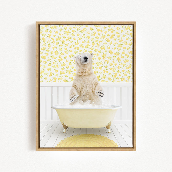 A polar bear standing in a bathtub filled with water, surrounded by a yellow floral pattern on the walls.