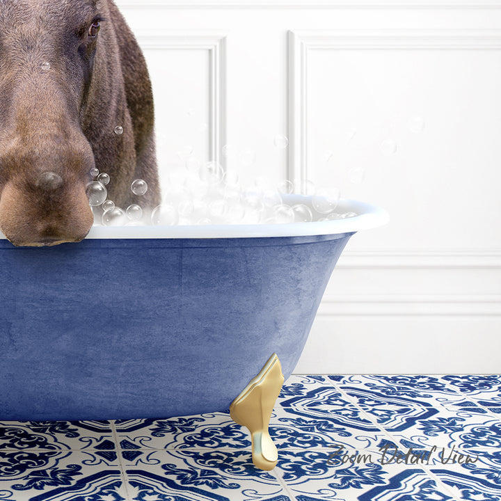 A dog is standing in a blue bathtub filled with bubbles, with a patterned tile floor visible in the background.