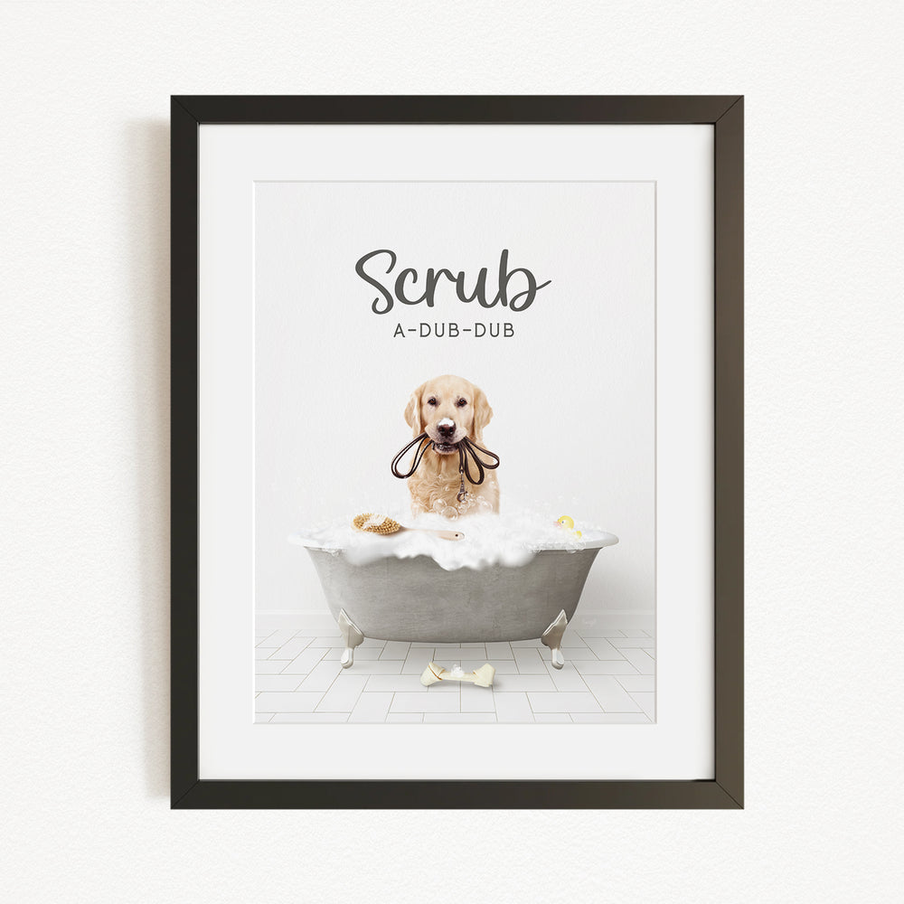 A golden retriever dog sitting in a bathtub filled with bubbles, with the word "Scrub" written above it.