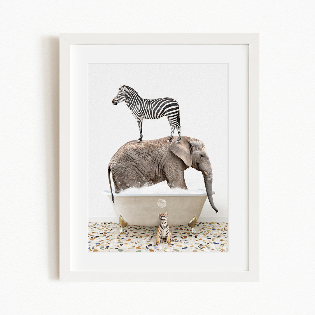 A zebra standing on an elephant's back, with a tiger sitting in a bathtub in the foreground, creating a whimsical and surreal scene.