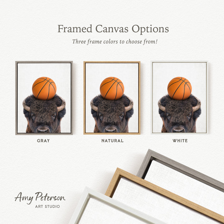 three framed canvas options, each featuring a buffalo with a basketball on its head. The options are labeled as "Grays," "Natural," and "White."