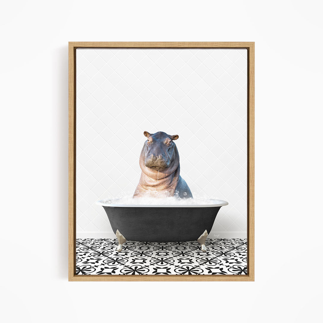 A hippopotamus sitting in a bathtub filled with water, surrounded by a black and white patterned tile floor.