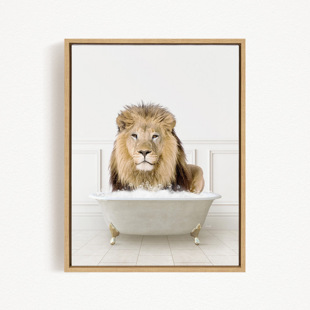 A lion sitting in a bathtub filled with water, creating a whimsical and playful scene.