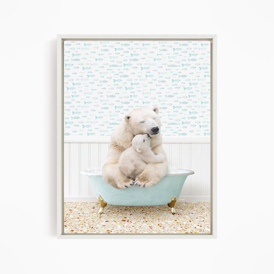 A polar bear cub sitting in a bathtub, with its mother sitting on top of it, against a background of fish.