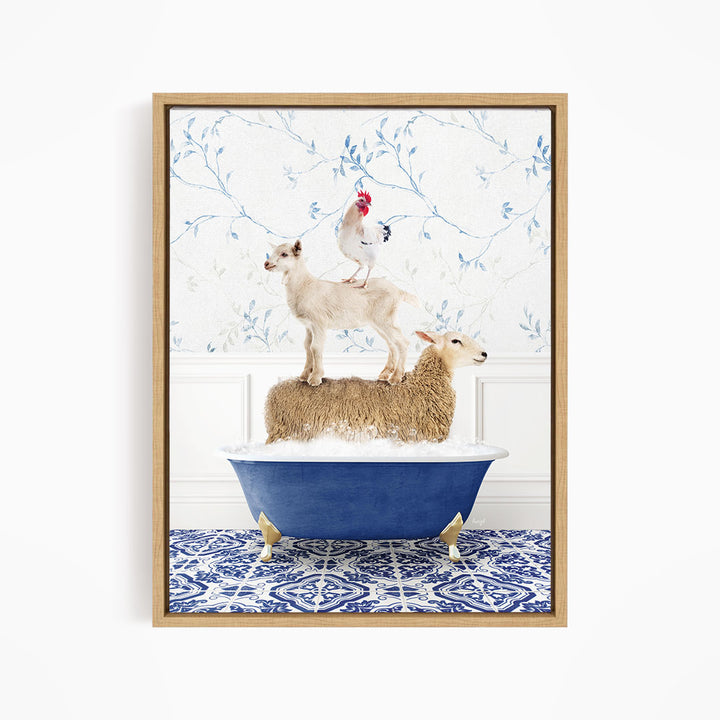 A framed image depicting a sheep standing on a tub filled with water, with a chicken perched on top of it.