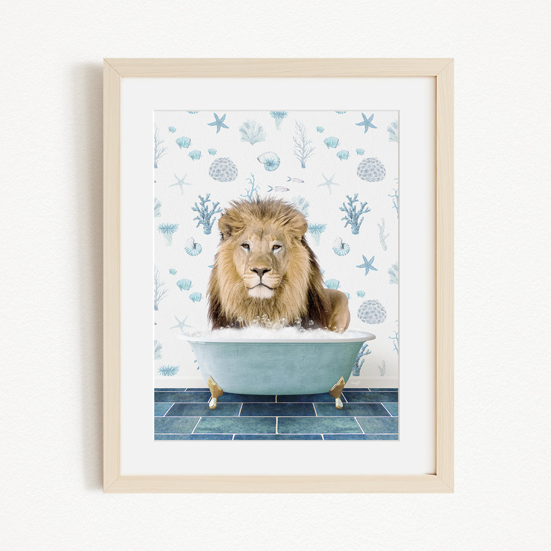 A lion sitting in a bathtub filled with bubbles, surrounded by a blue and white patterned background.