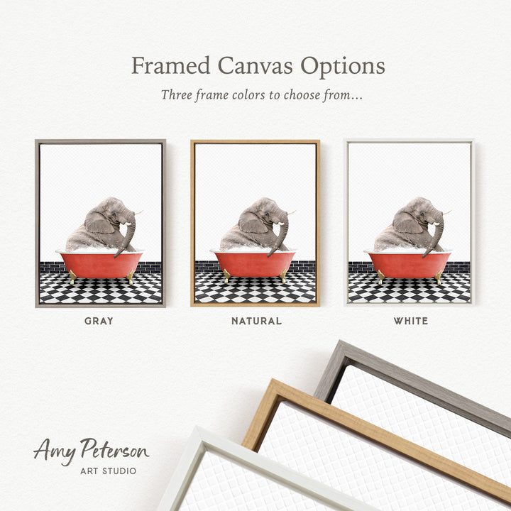 three framed canvas options, each featuring a gray elephant sitting in a red bowl on a black and white checkered floor. The options include a gray frame, a natural frame, and a white frame.