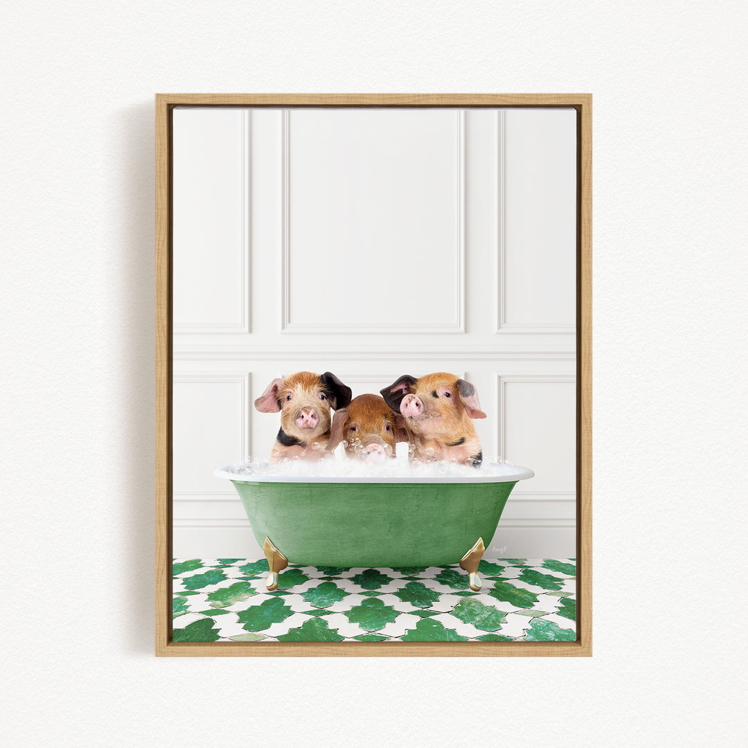 Three adorable pigs sitting in a green bathtub, with a white wall and green and white patterned floor in the background.