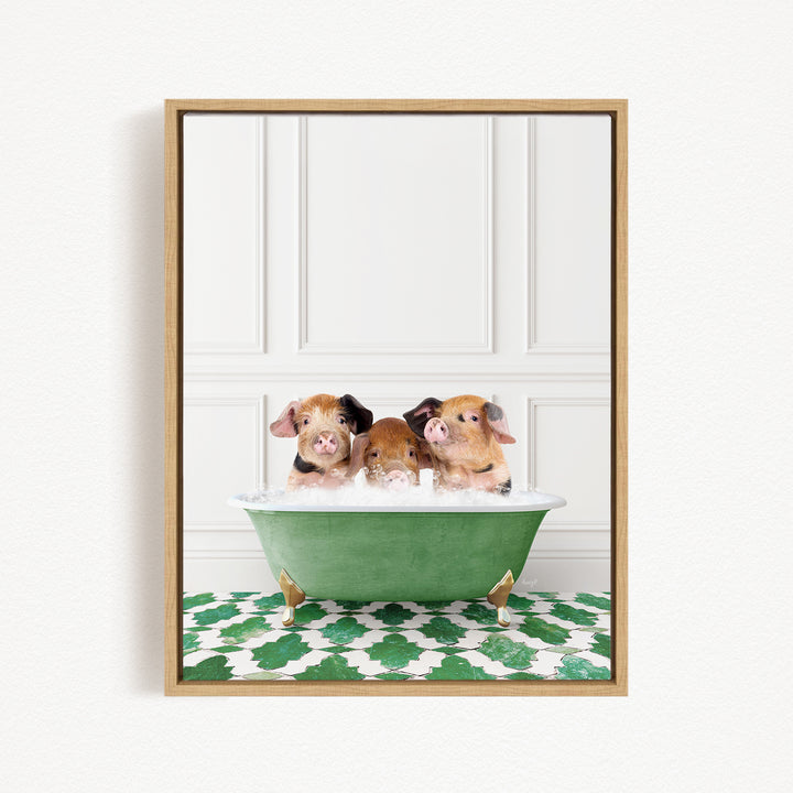 Three adorable pigs sitting in a green bathtub, with a white wall and green and white patterned floor in the background.