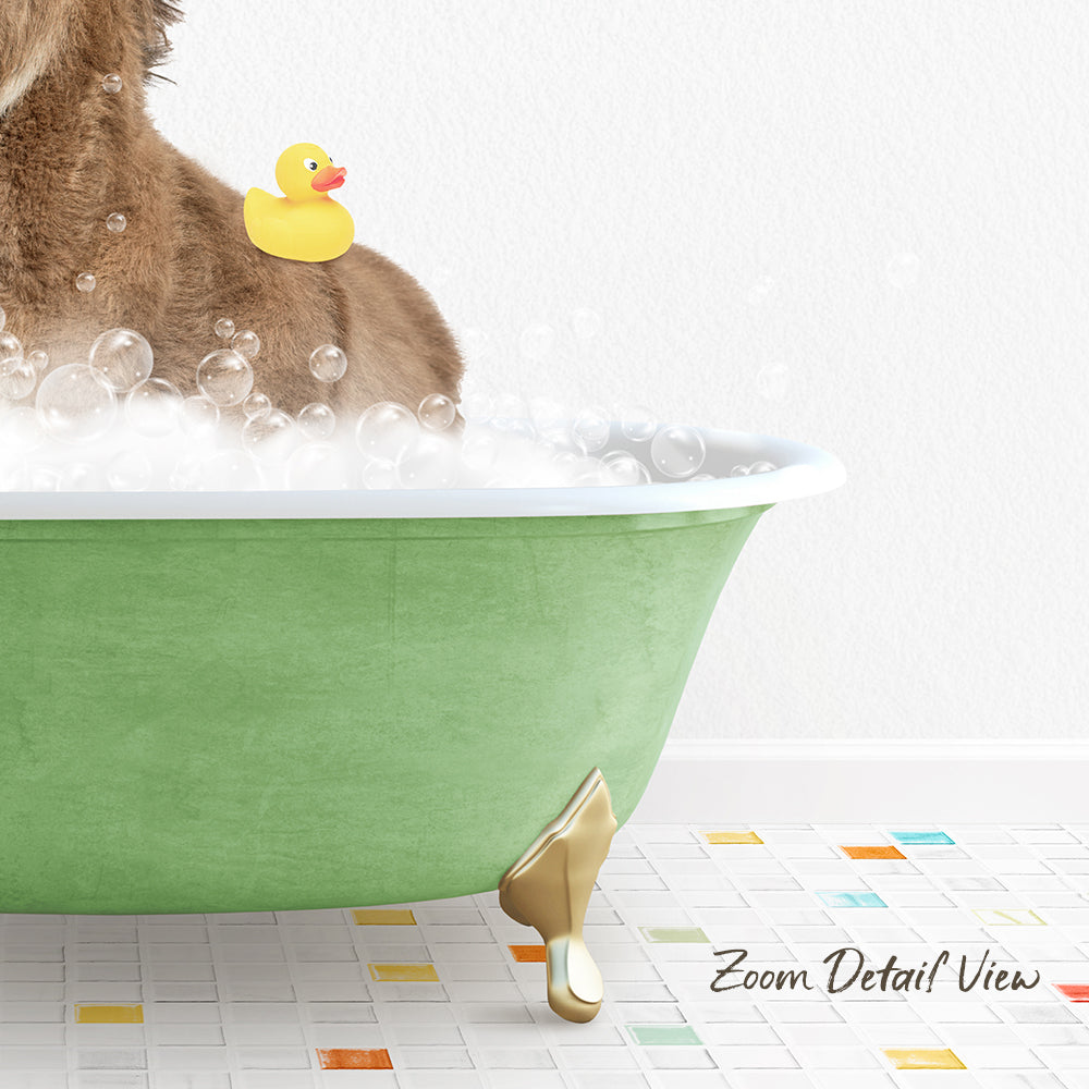 A bathtub filled with bubbles, with a yellow rubber duck sitting on the edge of the tub.