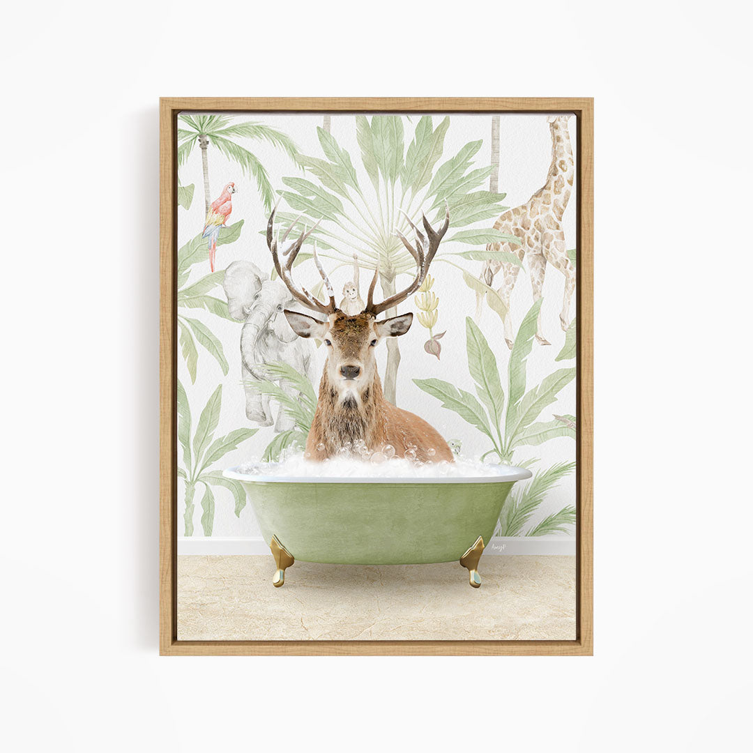 A deer with antlers is sitting in a green bathtub, surrounded by tropical plants and animals, including a giraffe and a parrot.