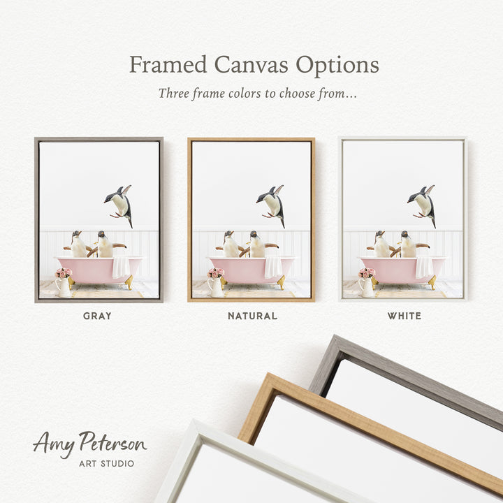 three framed canvas options, each with a different color: gray, natural, and white. The text above the images reads " Framed Canvas Options" and "Three frame colors to choose from...". The text below the images reads "Grays", "Naturals", and "Whites". The artist's name, Amy Peterson, is also mentioned at the bottom of the image.