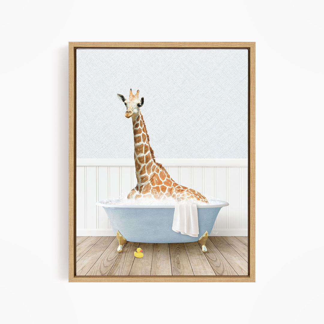 A giraffe sitting in a blue bathtub filled with water, surrounded by rubber ducks.