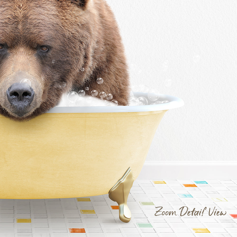 A brown bear is sitting in a yellow bathtub filled with bubbles, creating a whimsical and playful scene.