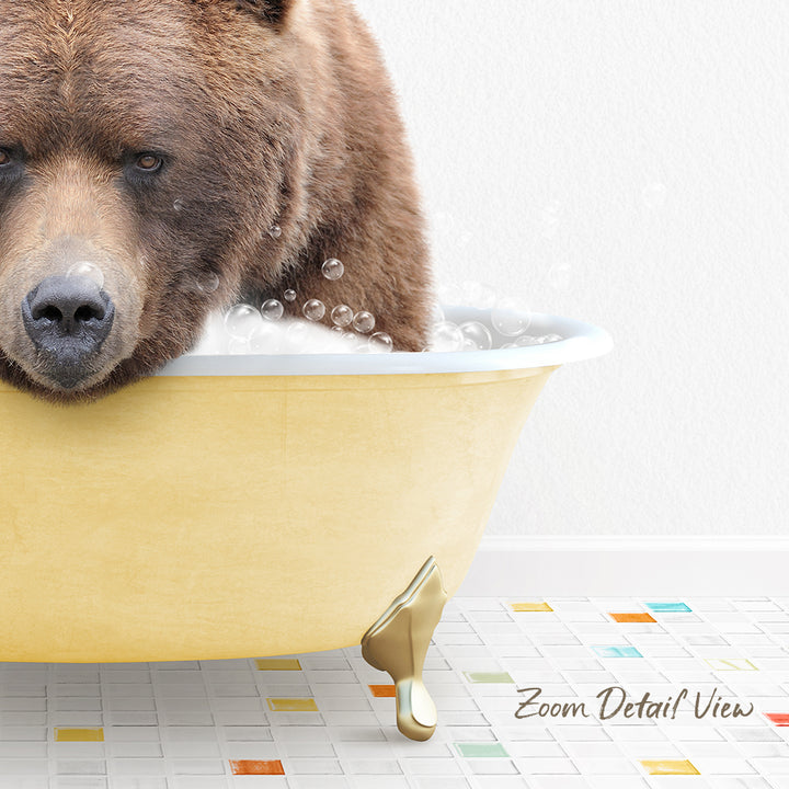 A brown bear is sitting in a yellow bathtub filled with bubbles, creating a whimsical and playful scene.