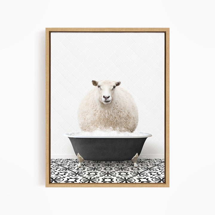 A fluffy white sheep sits in a black bathtub filled with bubbles, creating a whimsical and amusing scene.
