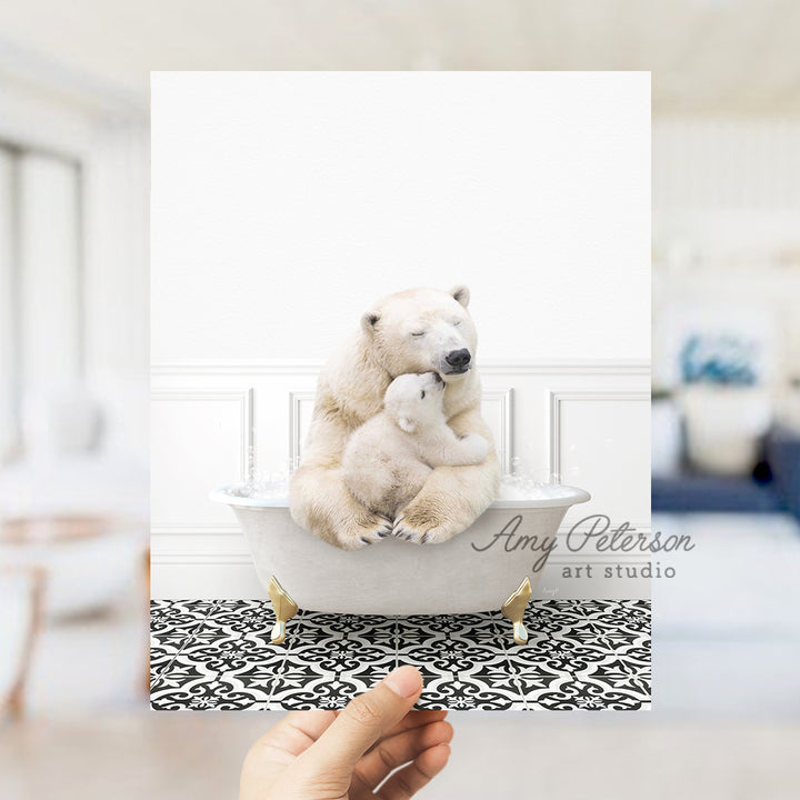 a person holding a polar bear in a bathtub