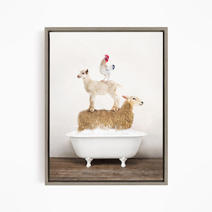 A framed image depicting a white goat standing on the back of a sheep in a bathtub, with a rooster perched on top of the sheep.