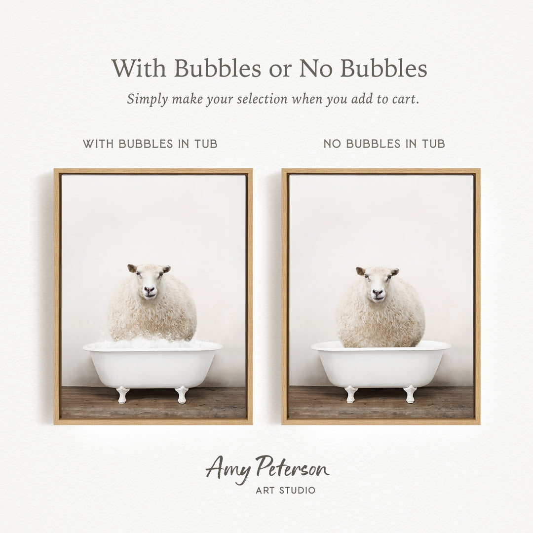 The image is a collage of two framed pictures, each featuring a sheep sitting in a tub. The text above the images reads "With Bubbles or No Bubbles" and below the images, it says "Simply make your selection when you add to cart."