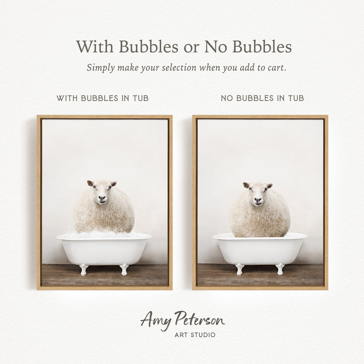 The image is a collage of two framed pictures, each featuring a sheep sitting in a tub. The text above the images reads "With Bubbles or No Bubbles" and below the images, it says "Simply make your selection when you add to cart."