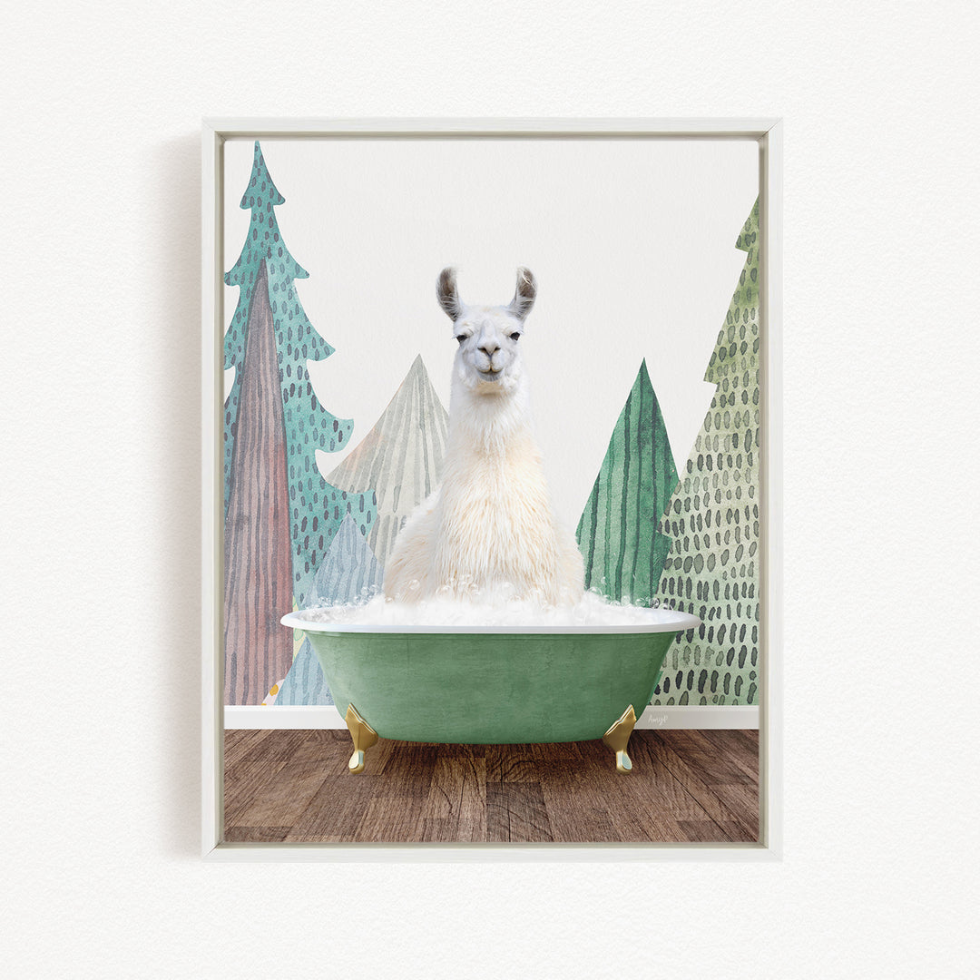 A white llama sitting in a green bathtub, surrounded by stylized trees and a snowy landscape.
