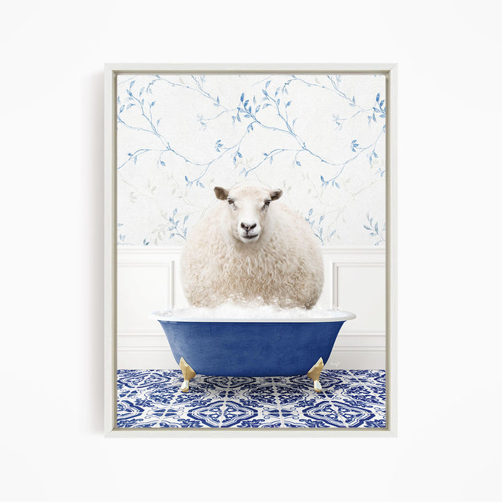 A fluffy white sheep sits in a blue bathtub, surrounded by a blue and white patterned floor.