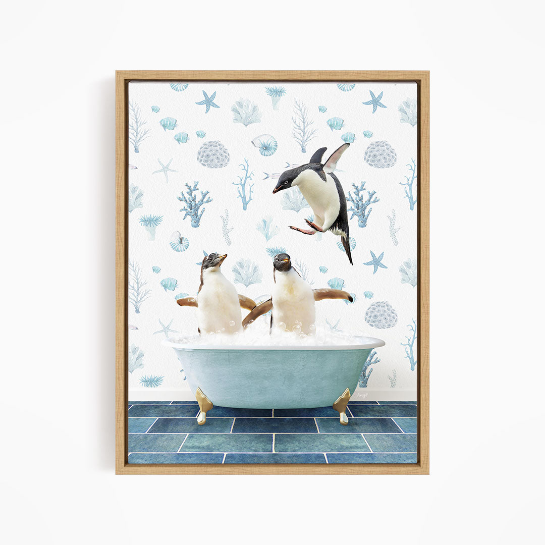 A framed image depicting two penguins sitting in a bathtub, with one penguin flying towards the other.