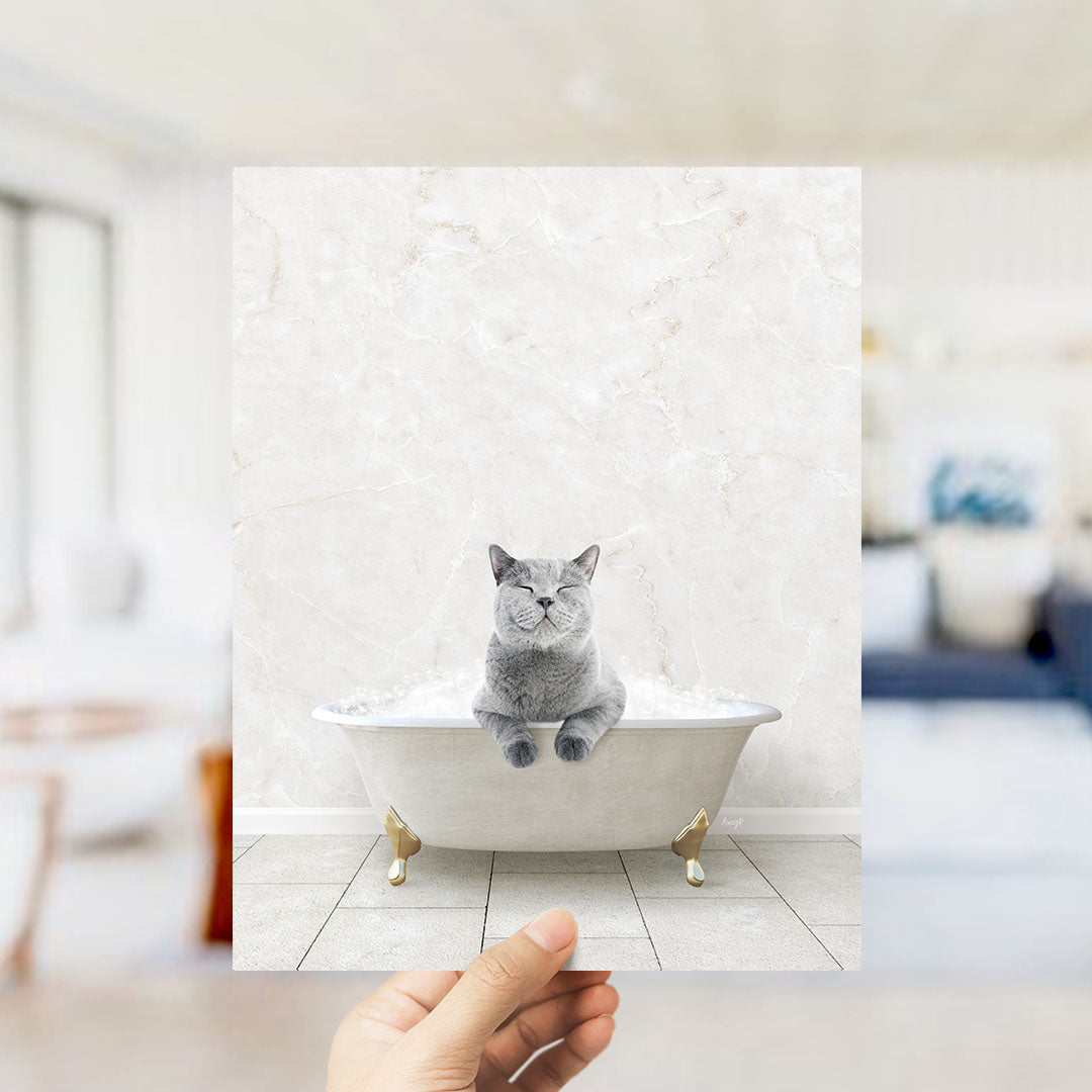 A gray cat sitting in a white bathtub filled with bubbles, with a blurred background suggesting a bathroom setting.