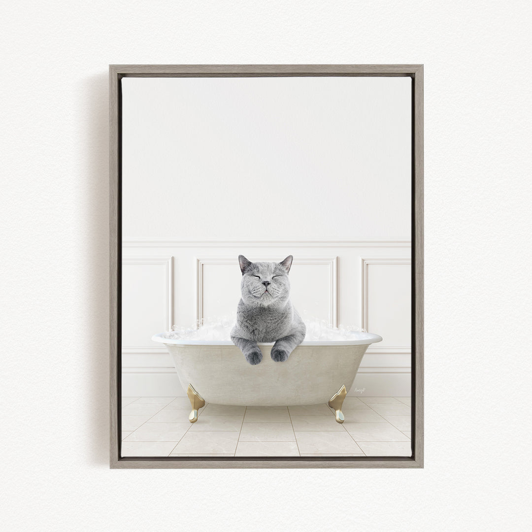 A gray cat sitting in a white bathtub filled with bubbles, with its eyes closed and appearing to be enjoying the bath.