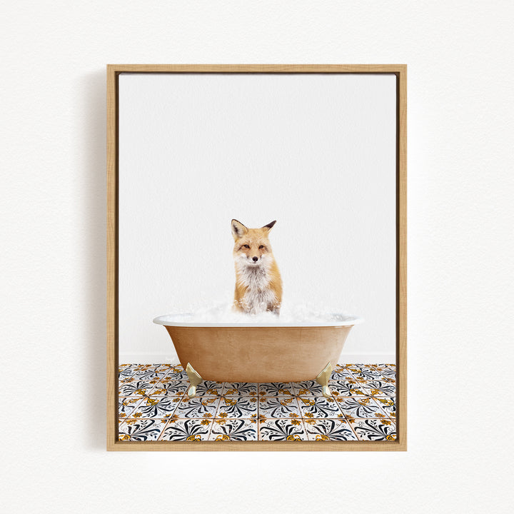 A fox is sitting in a bathtub filled with water, surrounded by a patterned tile floor.