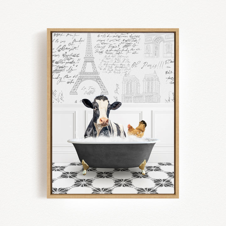 A cow is sitting in a bathtub filled with water, surrounded by a chicken and a Paris-themed background with the Eiffel Tower and other Parisian architecture.