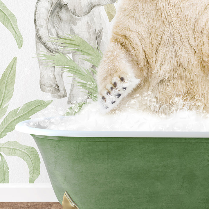 a large brown bear sitting in a bath tub