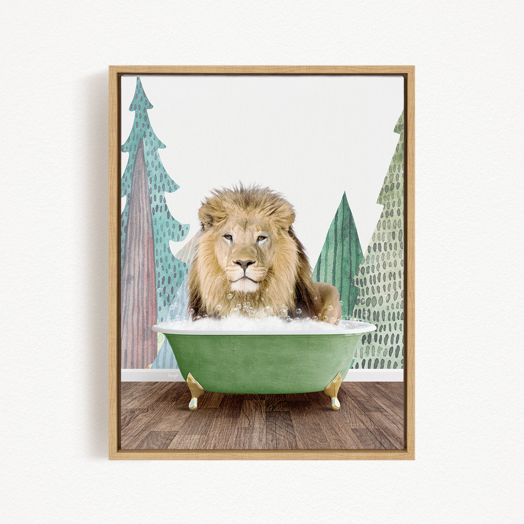 A lion is sitting in a green bathtub, surrounded by trees and a forest-like background.