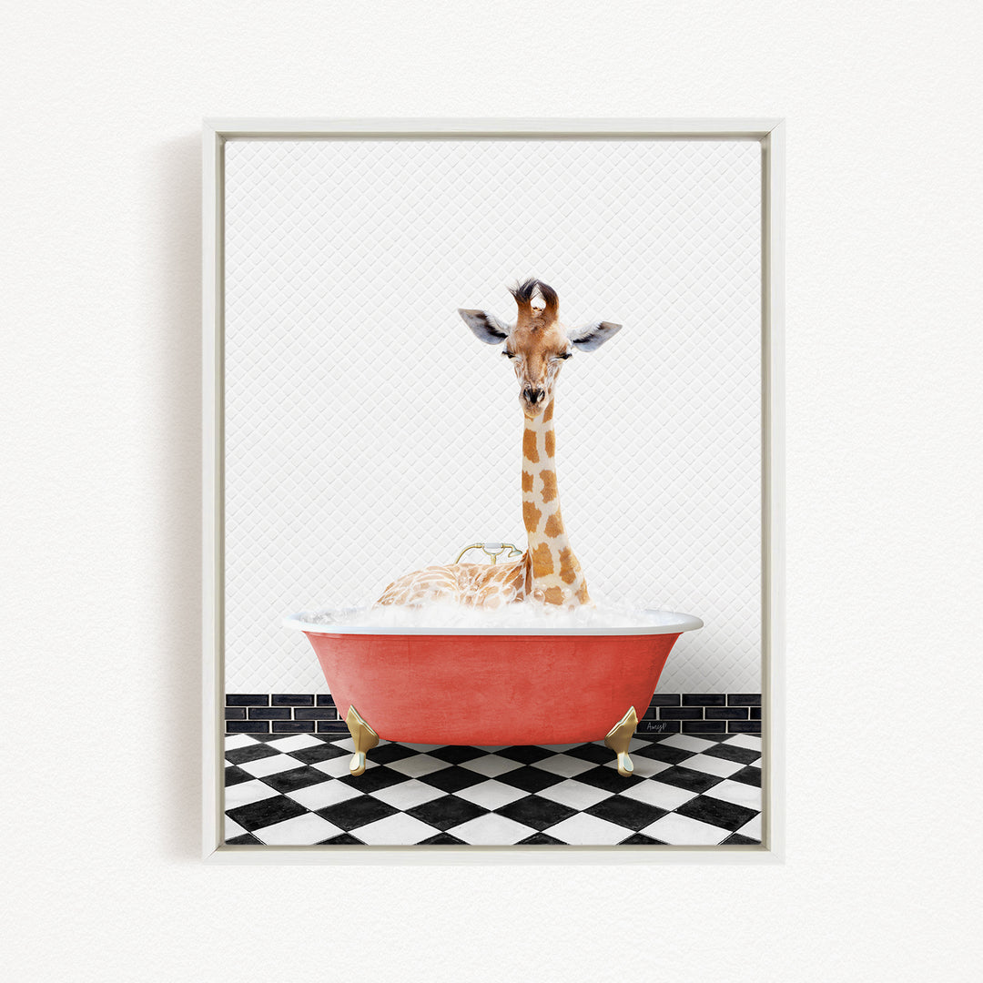 A giraffe is sitting in a red bathtub filled with water, creating a whimsical and playful scene.
